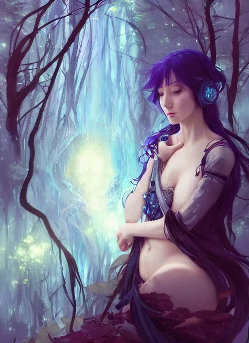 Image similar to stunningly beautiful female blue hair, dj sura face, fantasy art, fae priestess, lush forest landscape, dark light night, sharp focus, digital painting, 8 k, concept art, art by wlop, artgerm, greg rutkowski and alphonse mucha