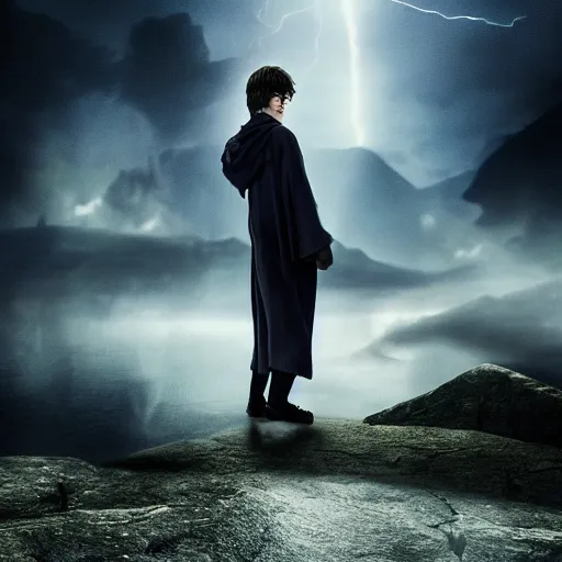 Image similar to Harry potter standing and holding a short wand, magic aura, back view, thunderclouds, cinematic shot, wide shot, epic scale, waving robe movement, photorealistic detail and quality, intricate ground stone, magical sigils, floating particle effects, movie still, nighttime, crescent moon, sharp and clear, action shot, intense scene, visually coherent, symmetry, rule of thirds, movement, photorealistic colors, cool colors transitioning to warm colors, modest tone, award winning, directed by Steven Spielberg, Christopher Nolan, Tooth Wu, Asher Duran, artstation