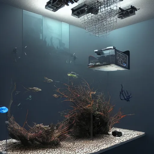 Image similar to a fishtank in a web server surrounded by piles of modular synth cables, by cameron gray, wlop, stanley kubrick, masamune, hideki anno, unique perspective, trending on artstation, 3 d render, smooth render