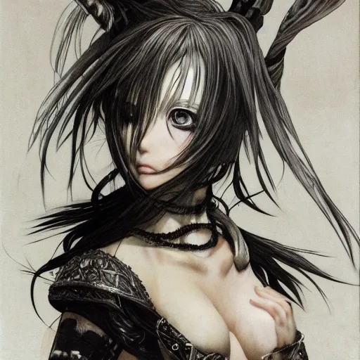 Prompt: yoshitaka amano realistic illustration of an anime girl with black eyes, wavy white hair fluttering in the wind and cracks on her face wearing elden ring armour with engraving, abstract black and white patterns on the background, noisy film grain effect, highly detailed, renaissance oil painting, weird portrait angle, blurred lost edges, three quarter view