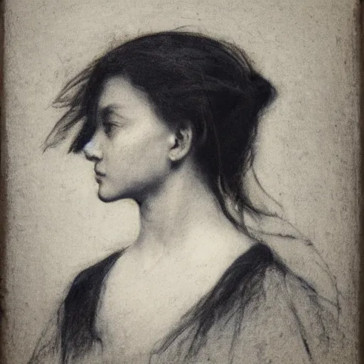 Prompt: portrait of a young action heroine, by alfred stevens in charcoal