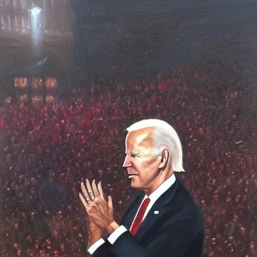 Prompt: Biden staring off into a crowd of people cheering, it’s nighttime, oil painting