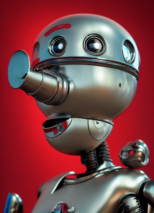 Image similar to highly detailed closeup, profile portrait of a tin toy 1 9 5 0 s robot spaceport, bikini, unreal engine, nicoletta ceccoli, mark ryden, earl norem, lostfish, global illumination, detailed and intricate environment