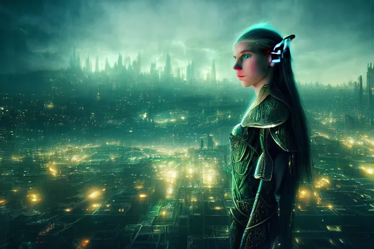 Image similar to an ultra realistic, cinematic, fantasy, headshot portrait, of an elden ring elf, fairy lights, facial features, overlooking a vast dystopian cityscape, with futuristic buildings and neon signs, detailed, deep focus, movie still, dramatic lighting, ray tracing, by michal karcz and yoshitaka amano