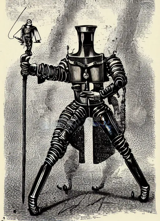 Prompt: 19th century wood-engraving of a slender humanoid robot with eyes wearing medieval armour and holding a rapier, whole page illustration from Jules Verne book titled Stardust Crusaders, art by Édouard Riou Jules Férat and Henri de Montaut, frontal portrait, high quality, beautiful, highly detailed, removed watermarks