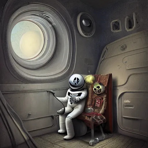 Prompt: michal karcz surrealism painting of the end of an astronaut happy in the galaxy. , in the style of jack skellington, in the style of a clown, loony toons style, horror theme, detailed, elegant, intricate, 4k, Renaissance painting