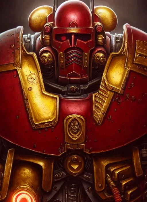 Prompt: blood angels chaplan with golden face armor, extremly detailed digital painting, warhammer 4 0 k, strong rim light!!!!!, raymond swanland, tomasz alen kopera, unreal engine 5, intricate, exquisite lighting, highly detailed, cinematic lighting, art, octane render, very coherent, cinematic, 8 k, trending on artstation