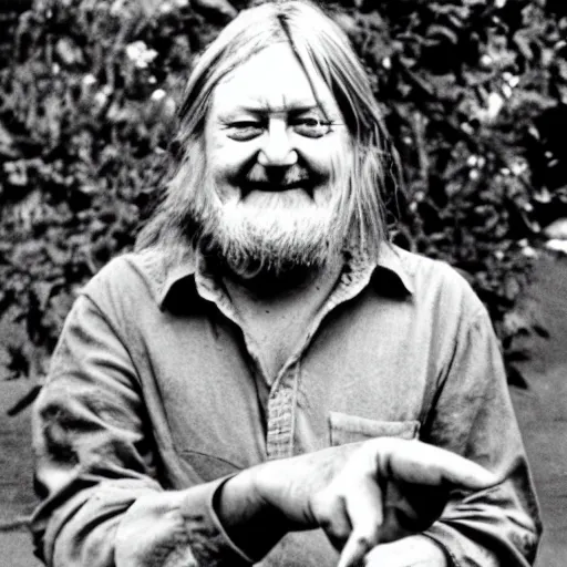 Prompt: robert wyatt sitting and proudly holding a gremlin