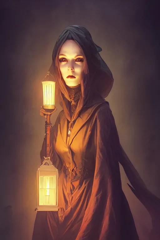 Image similar to portrait of a ghoulish victorian witch dark cheekbones holding a lantern, halloween night, charlie bowater, artgerm, ilya kuvshinov, krenz cushart, ruan jia, realism, ultra detailed, 8 k resolution