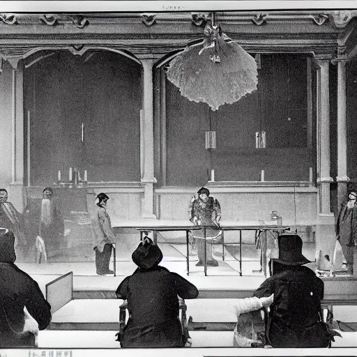 Image similar to an image of a civic criminal court, in a medium full shot, russian and japanese mix, high - key lighting, warm lighting, overcast flat midday sunlight, a vintage historical fantasy 1 9 1 5 photo from life magazine, professional cooperate, the new york times photojournalism.