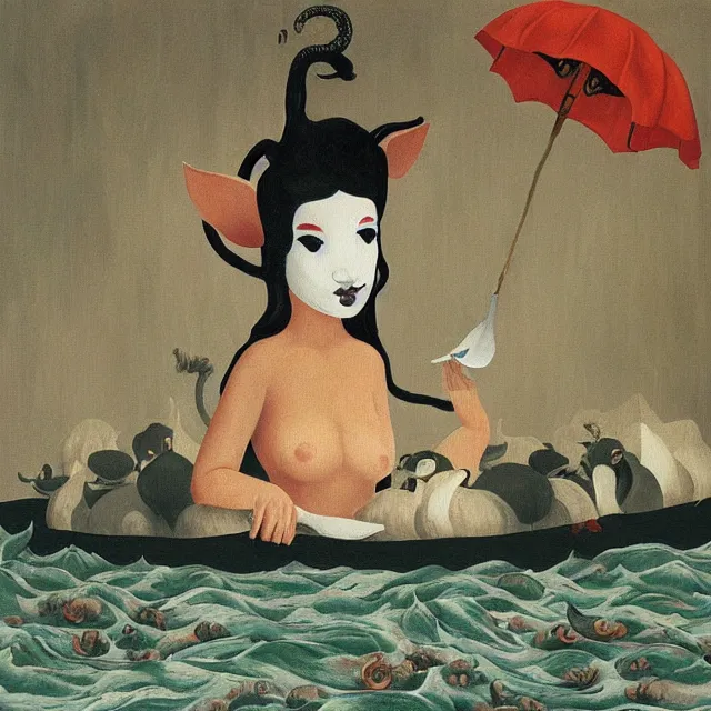 Image similar to tall female catgirl artist wearing a pig mask in her flooded apartment, mushrooms, octopus, water gushing from ceiling, painting of flood waters inside an artist's apartment, a river flooding indoors, pomegranates, ikebana, zen, rapids, waterfall, black swans, canoe, berries, acrylic on canvas, surrealist, by magritte and monet