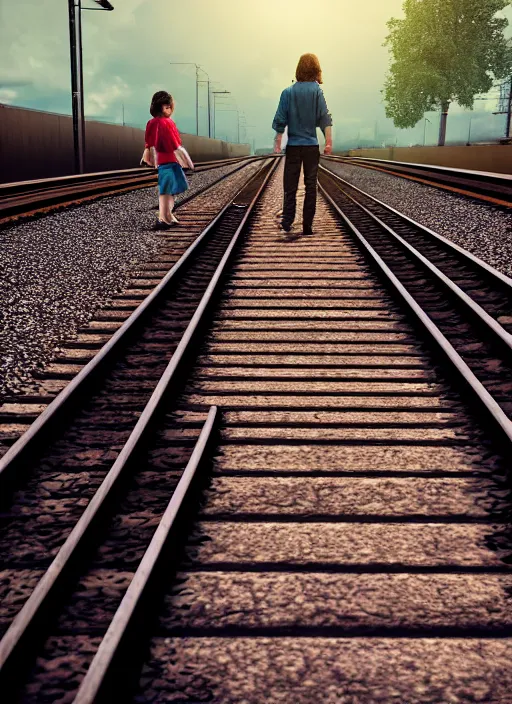 Prompt: young friends walking on train tracks on a sunny day, 1 9 8 0 s, moody cinematic photo, friendship, good feeling, hyper real, octane render, 8 k, photorealism