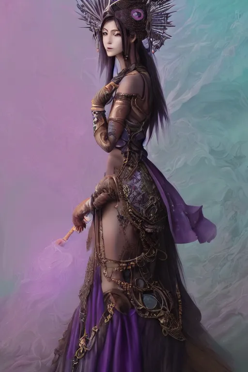 Prompt: photorealistic soft paint of absurdities and curiosities, single very beautiful asian princess full long dress, ultra deep fog, purple black lustrous thin haircut, partial symmetry accurate features, focus, very intricate ultrafine details, award winning masterpiece, steampunk world, ross tran