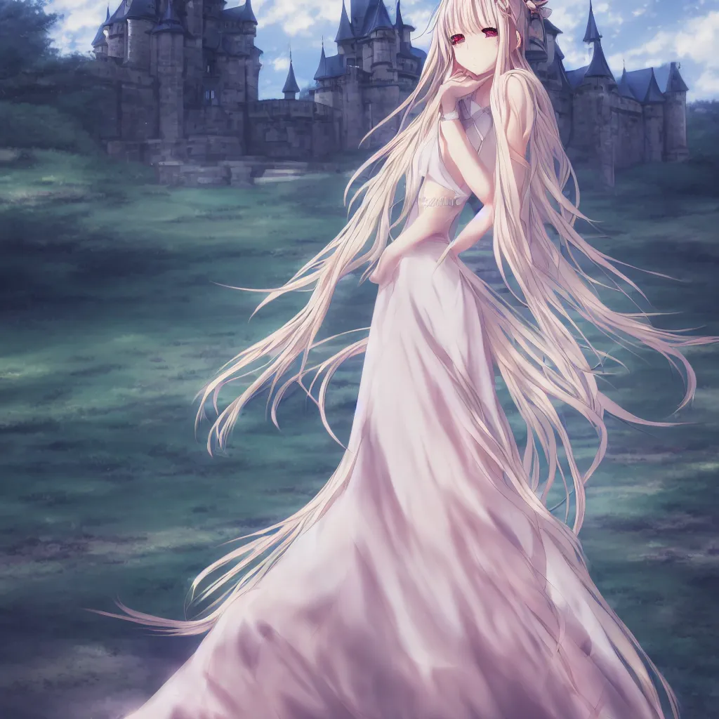 Prompt: anime girl in a beautiful flowing dress standing in front of a castle by WLOP