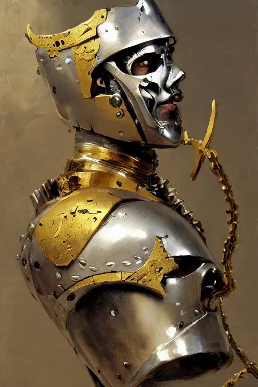 Image similar to beautiful expressive oil painting portrait of ancient cyborg god queen, silver armor, with a scratched gold skull mask ascending wearing a neo japan crown, art by anders zorn, wonderful masterpiece by greg rutkowski, beautiful cinematic light, american romanticism by greg manchess, jessica rossier