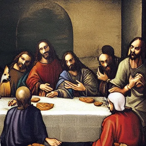 Image similar to jesus and some cats trade pokemon cards in davinci's last supper