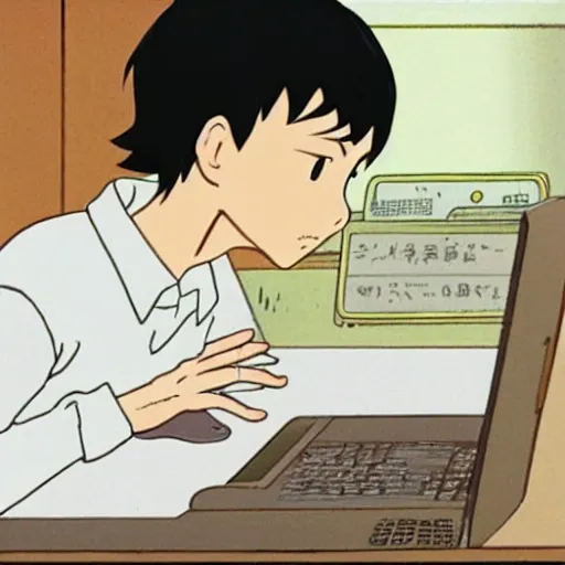 Prompt: tan - skinned guy with shoulder length black hair and long sleeves using a laptop, looking down, art by hayao miyazaki, studio ghibli film, twitter pfp