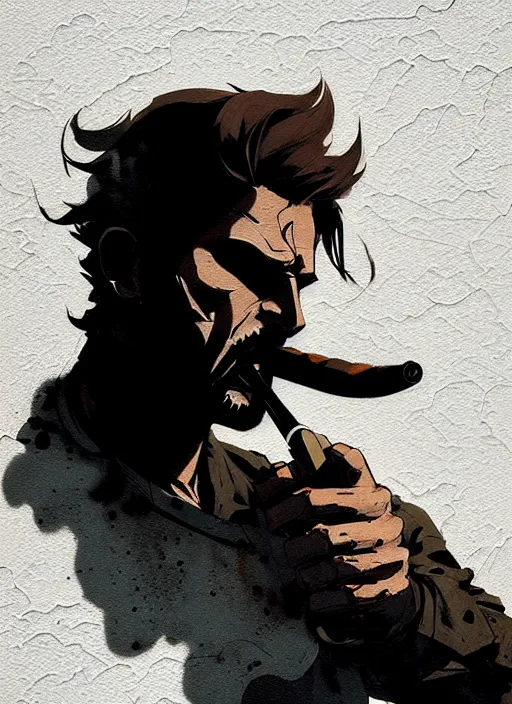 Image similar to highly detailed closeup of a moody solid snake smoking a cigar by atey ghailan, by greg rutkowski, by greg tocchini, by james gilleard, by joe fenton, by kaethe butcher, gradient, blue, black, brown and white color scheme muted tones, grunge aesthetic!!! white graffiti tag wall background