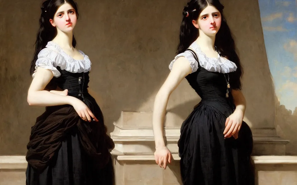 Prompt: a beautiful full body!!! portrait of a skinny teen woman with glasses, a jean and a black shirt, tied back black hair, white shoes!, art by franz xaver winterhalter, highly detailed, elegant, jewlery, romanticism, rococo, neoclassicism, 1 8 5 0 s style painting, oil on canvas, vivid