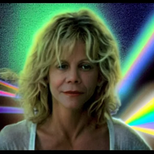 Image similar to Meg Ryan with rainbow Lazer beams coming out of her eyes, very detailed