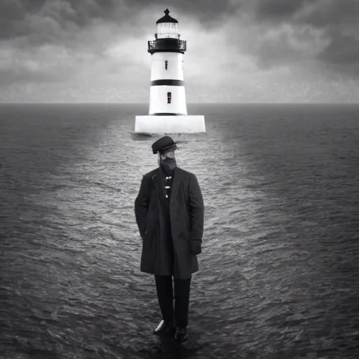 Image similar to Live Action Still of Jerma985 in a film as a Lighthouse Keeper with an overcoat, hat, and beard, black and white, hyperrealistic, ultra realistic, realistic, highly detailed, epic, HD quality, 8k resolution, body and headshot, film still