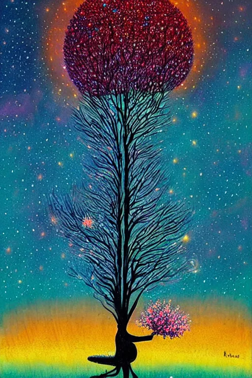 Prompt: surreal neil gaiman's sandman, Dream, magic realism, flowerpunk, mysterious, A tree fades into starry space, vivid colors, by andy kehoe, amanda clarke