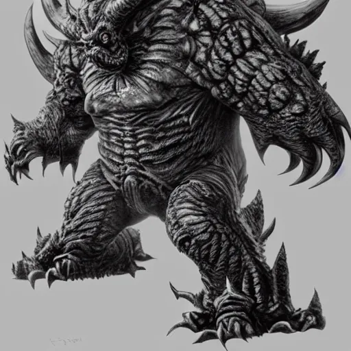 Prompt: demonic Kaiju Bowser roaring into the sky, muscular arms, standing upright, talons, horns, super Mario, horror, Cthulhu, highly detailed, ruined kingdom