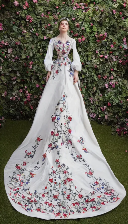 Image similar to long beautiful voluminous medieval court dress with train and embroidered flowers