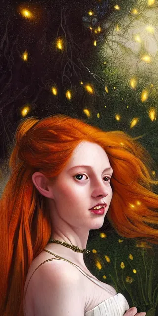 Image similar to infp young woman, smiling amazed, golden fireflies lights, full covering intricate detailed dress, amidst nature, long red hair, accurate linework, green eyes, small nose with freckles, oval shape face, realistic, expressive emotions, dramatic lights, hyper realistic ultrafine art by artemisia gentileschi, caravaggio, jessica rossier, boris vallejo