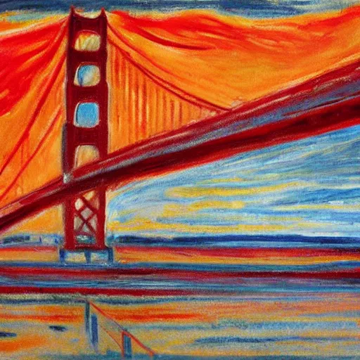 Image similar to golden gate bridge in the style of edvard munch