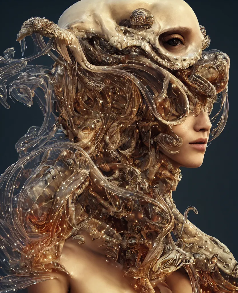 Image similar to close-up macro portrait of the face of a beautiful princess with animal skull mask, epic angle and pose, symmetrical artwork, 3d with depth of field, blurred background, cybernetic jellyfish female face skull phoenix bird, translucent, nautilus, energy flows of water and fire. a highly detailed epic cinematic concept art CG render. made in Maya, Blender and Photoshop, octane render, excellent composition, cinematic dystopian brutalist atmosphere, dynamic dramatic cinematic lighting, aesthetic, very inspirational, arthouse. y Greg Rutkowski, Ilya Kuvshinov, WLOP, Stanley Artgerm Lau, Ruan Jia and Fenghua Zhong