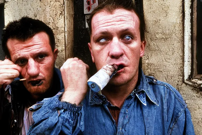 Prompt: close view headshot portrait of a pair knacker, tall and small, posing on a street, sad, in gangsta comedy of 1990s, movie shot, Lock, Stock and Two Smoking Barrels