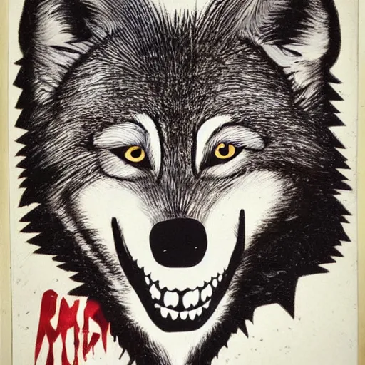 Image similar to portrait of ugly wolf, retarded, eyes in different directions, rabies, propaganda style, vivid colors