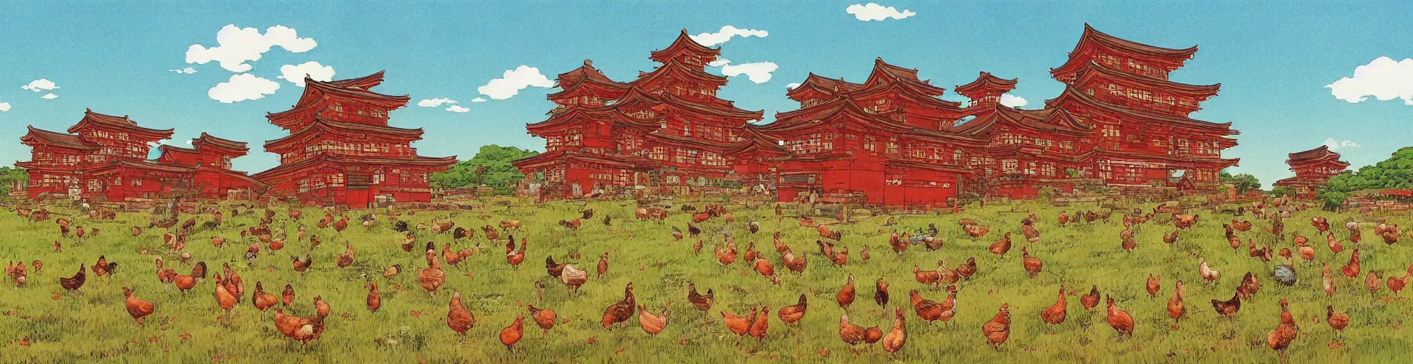 Image similar to big red and brown japanese fort in a meadow with chickens by studio ghibli painting