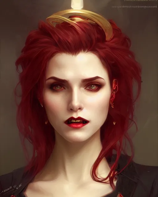 Image similar to female vampire, perfect face, gold waistcoat, red shirt, grey hair, red necktie, cinematic, stunning, highly detailed, digital painting, artstation, smooth, hard focus, full body shot, illustration, art by artgerm and greg rutkowski and alphonse mucha