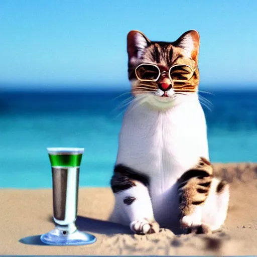 Prompt: realistic photo of an anthropomorphic cat chilling out on the beach and drinking a martini