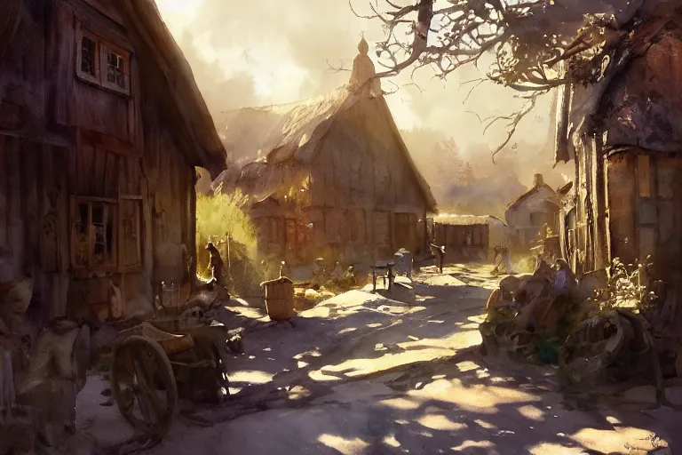 Image similar to watercolor painting of rustic village street, mud, scandinavian mythology, ambient lighting and shadows, art by hans dahl, by jesper ejsing, art by anders zorn, wonderful masterpiece by greg rutkowski, cinematic light, american romanticism by greg manchess, creation by tyler edlin