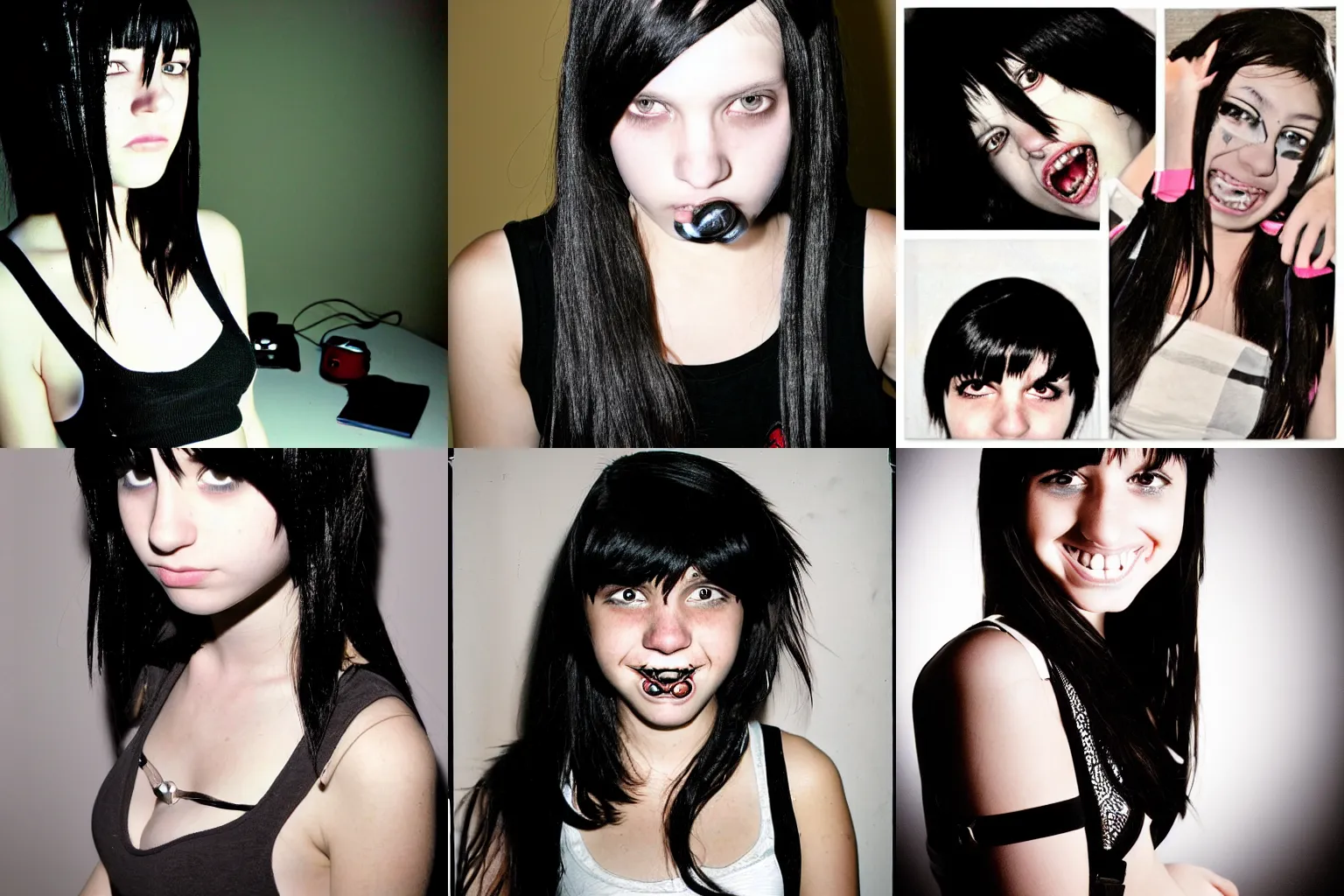 Prompt: 2006 photograph of an emo girl with braces, pale, black hair, camera flash on