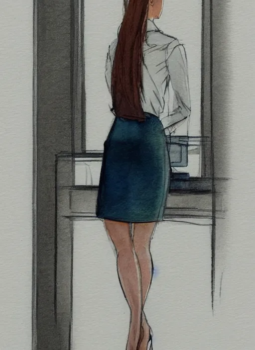 Image similar to concept art of a modern office life, young attractive business woman, pencil miniskirt, pinterest, artstation trending, behance, watercolor *, by coby whitmore, silver, laser light,