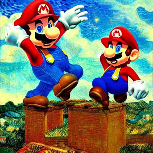 Image similar to highly detailed Super Mario Brothers under sky, by Van Gogh