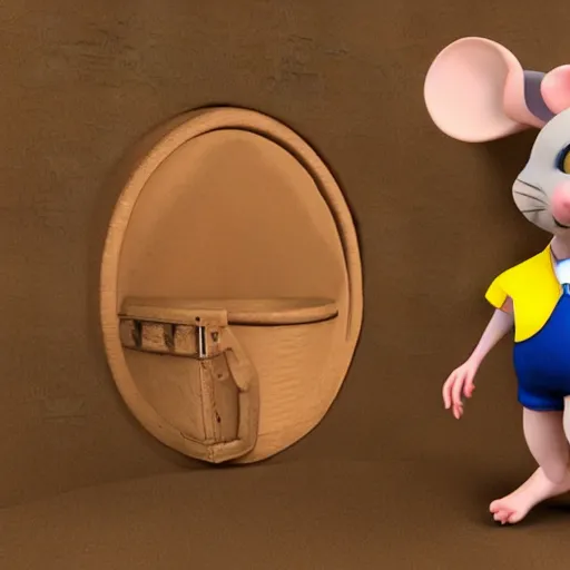 Image similar to 3 d render, portrait, upper body shot, mid shot, anthropomorphic mouse, female, blond furr, blue eyes, wearing denim short shorts and a off yellow tank top shirt, solo, in the style of the great mouse detective