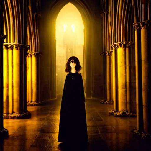 Prompt: mary elizabeth winstead as a vampire in a gothic cathedral at night, gloomy, gothic photography.