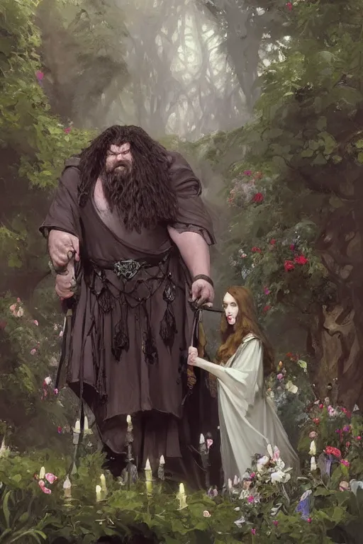 Image similar to hagrid the viking and gothic medieval morticia addams walking in enchanted forest with flowers, greg manchess painting by sargent and leyendecker, fantasy medium shot asymmetrical intricate elegant matte painting illustration hearthstone, by greg rutkowski by greg tocchini by james gilleard