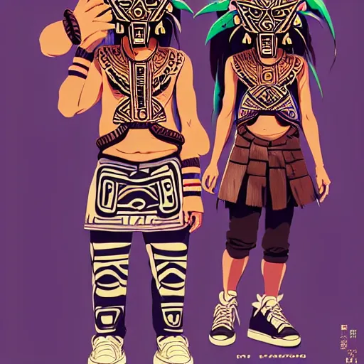 Image similar to sneaker design concept art, aztec mayan street fashion native punk sneaker design, majora's mask, wearing wooden mask, hip hop sneaker design with subtle mayan patterns, gapmoe yandere grimdark, trending on pixiv fanbox, painted by greg rutkowski makoto shinkai takashi takeuchi studio ghibli, akihiko yoshida