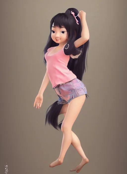 Prompt: a cute asian girl dancing, flowing hair in the style of pixar animation, full body shot, viewed from bellow, award winning, hyper detailed, studio lighting, artstation, octane renderer, unreal engine
