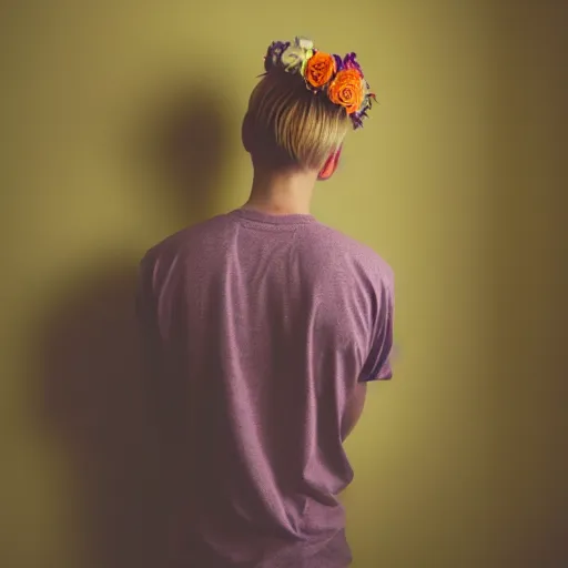 Prompt: kodak portra 4 0 0 photograph of a skinny blonde guy standing in cluttered 9 0 s cyber bedroom, back view, flower crown, moody lighting, telephoto, 9 0 s vibe, blurry background, vaporwave colors, faded!,