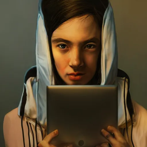 Prompt: a Portrait of a hacker, by ASMA, by Irina French, by Lim Chuan Shin, by Małgorzata Kmiec, computer screens in the background, trending on Artstation, dark, dramatic, cinematic, realistic studio lighting, realistic reflections, 4k, professional, canon