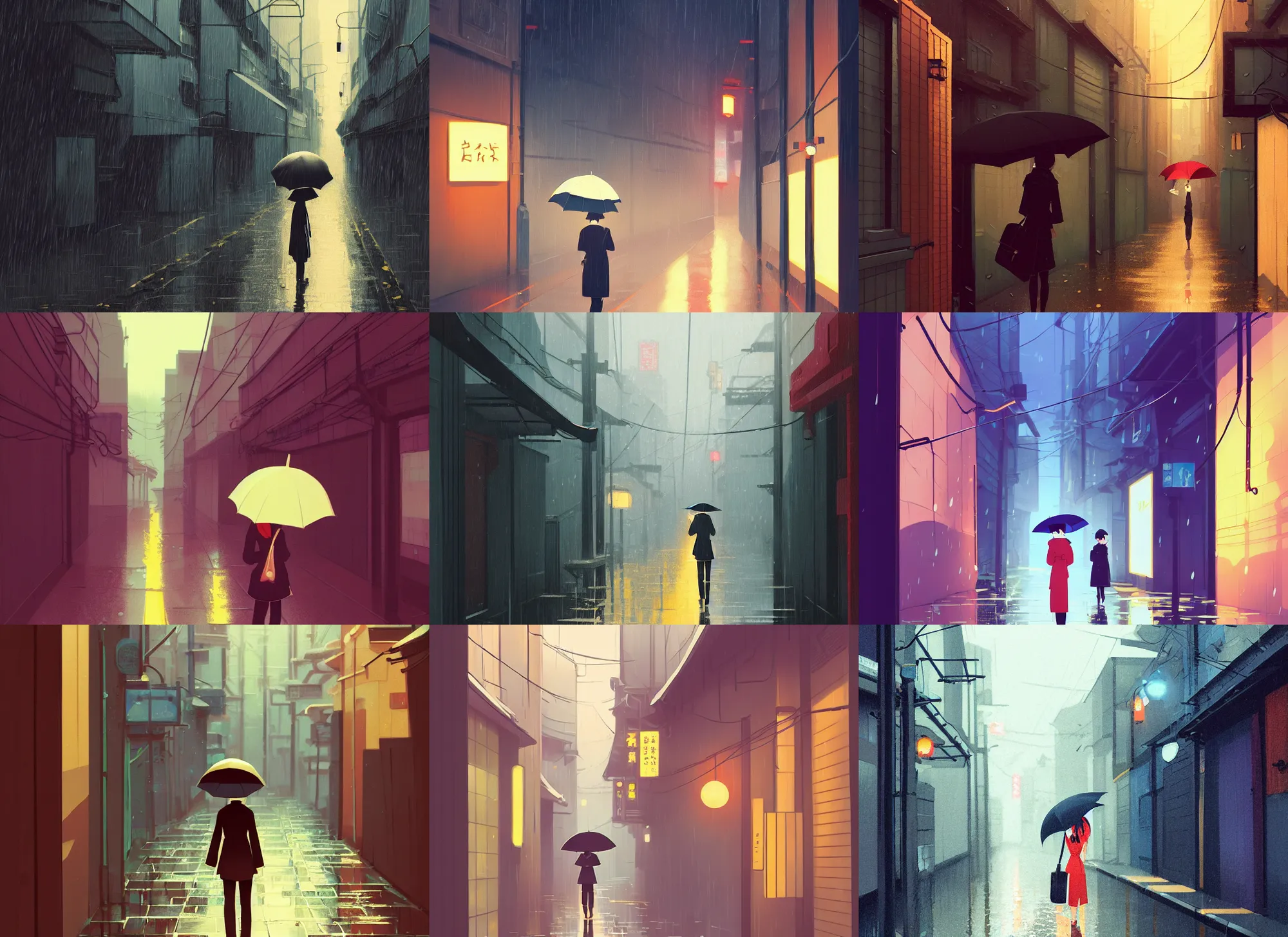 Prompt: tokyo alleyway, rainy day, single person with umbrella, by cory loftis, atey ghailan, makoto shinkai, james gilleard, beautiful, serene, peaceful, lonely, golden curve composition