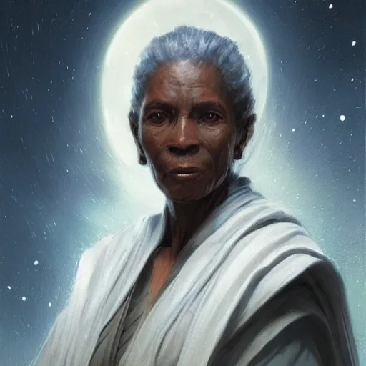 Image similar to portrait of a woman by greg rutkowski, old jedi master, afroamerican, wise and serene, star wars expanded universe, she is about 7 0 years old, wearing jedi robes.