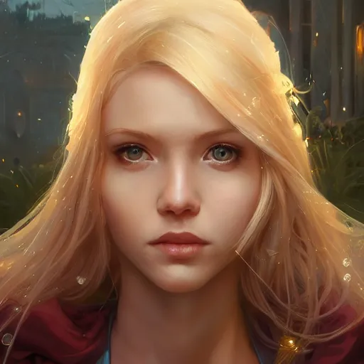 Image similar to highly detailed closeup portrait of a beautiful blonde female cyborg, in disney, stephen bliss, unreal engine, art by greg rutkowski, loish, rhads, ferdinand knab, makoto shinkai and lois van baarle, ilya kuvshinov, rossdraws, tom bagshaw, global illumination, radiant light, detailed and intricate environment